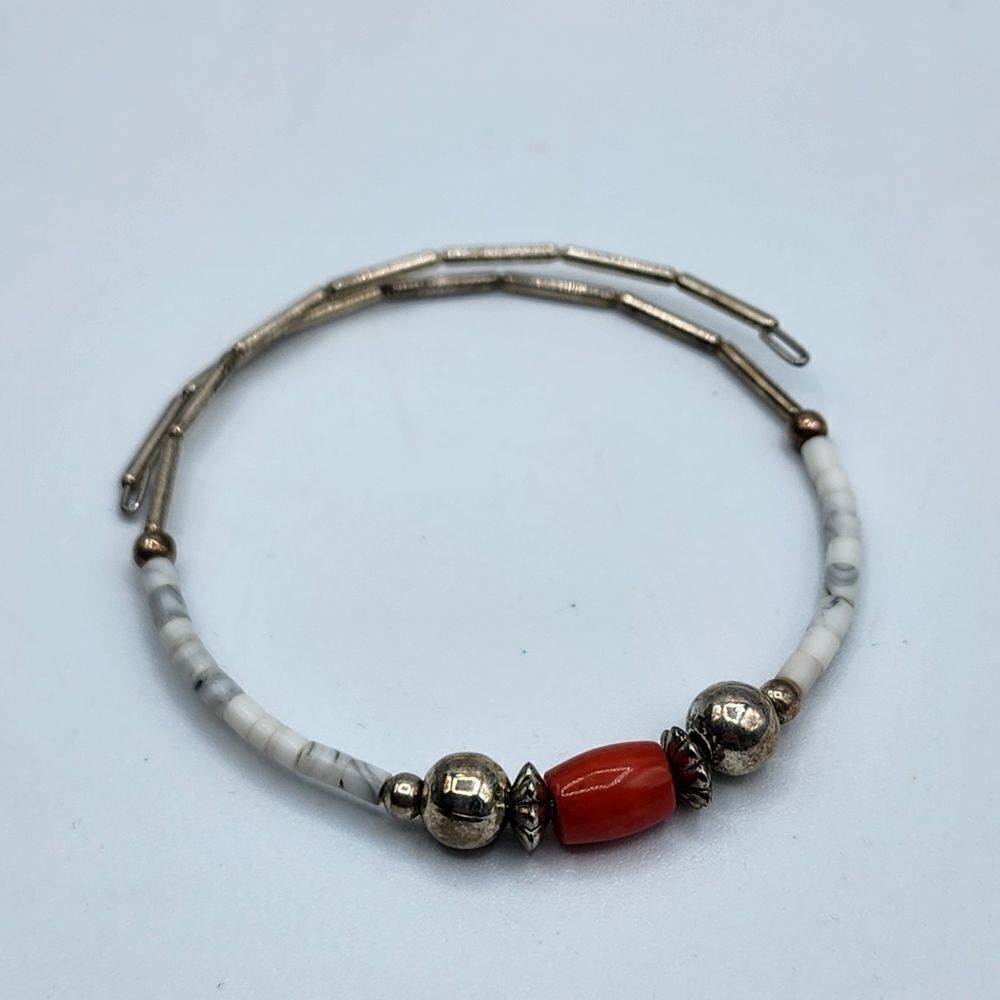 Beaded wrap bracelet silver white & orange